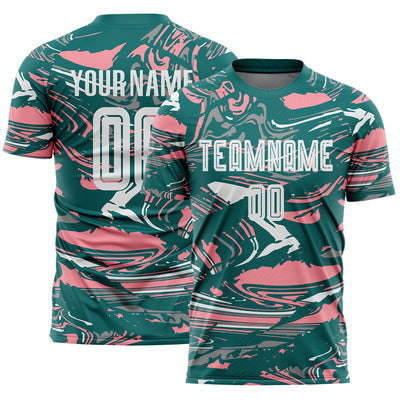 Custom Figure White Teal-Medium Pink Fluid Art Splash Sublimation Soccer Uniform Jersey