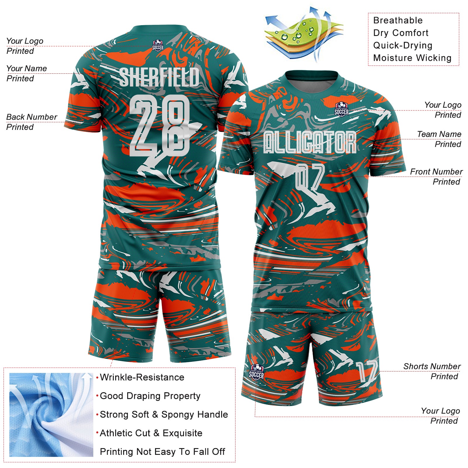 Custom Figure White Teal-Orange Fluid Art Splash Sublimation Soccer Uniform Jersey