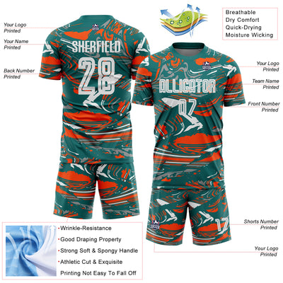 Custom Figure White Teal-Orange Fluid Art Splash Sublimation Soccer Uniform Jersey