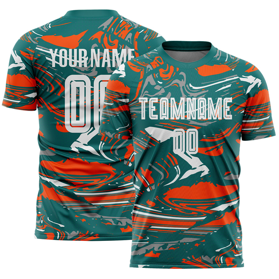 Custom Figure White Teal-Orange Fluid Art Splash Sublimation Soccer Uniform Jersey