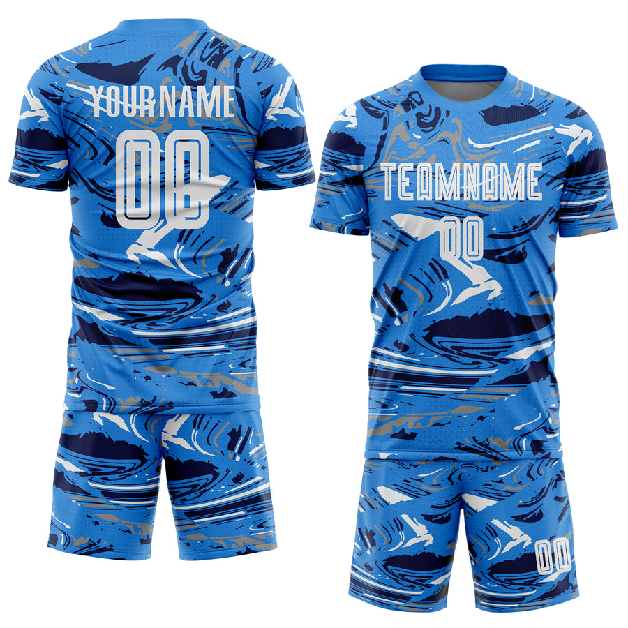 Custom Figure White Powder Blue-Navy Fluid Art Splash Sublimation Soccer Uniform Jersey