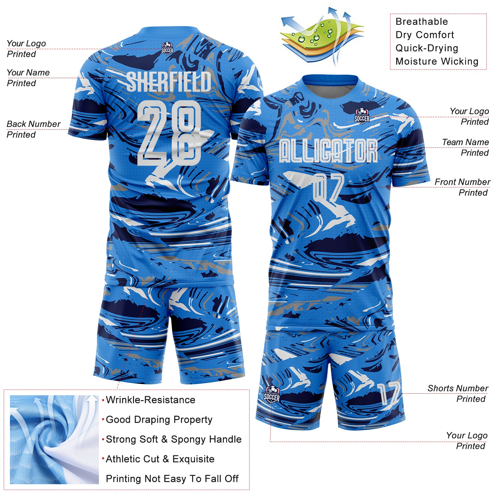 Custom Figure White Powder Blue-Navy Fluid Art Splash Sublimation Soccer Uniform Jersey