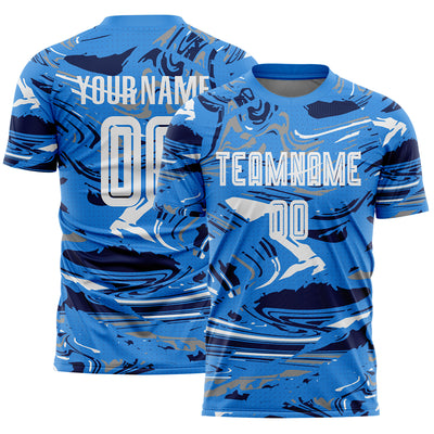Custom Figure White Powder Blue-Navy Fluid Art Splash Sublimation Soccer Uniform Jersey