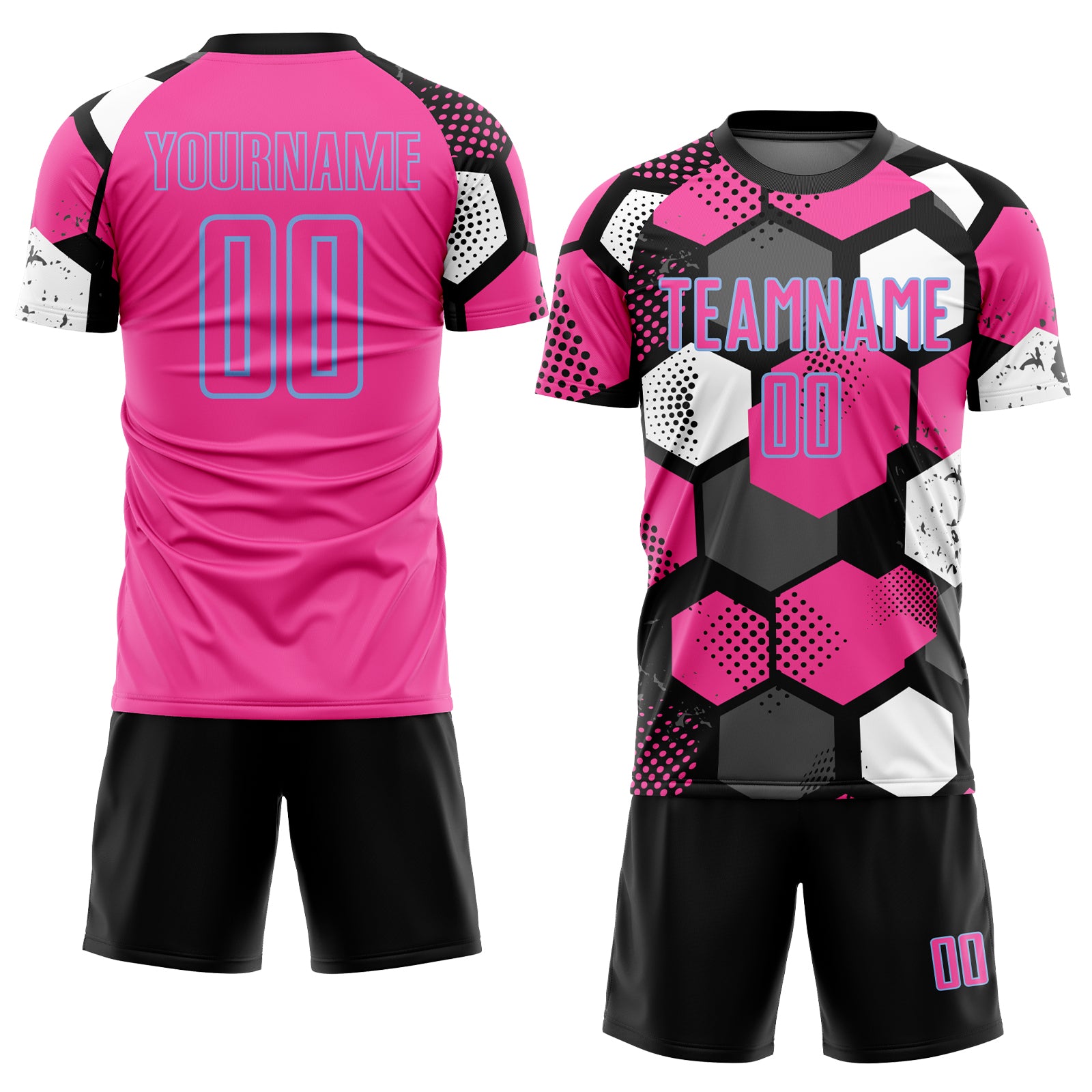 Custom Black Pink Light Blue-White Geometric Shape Sublimation Soccer Uniform Jersey