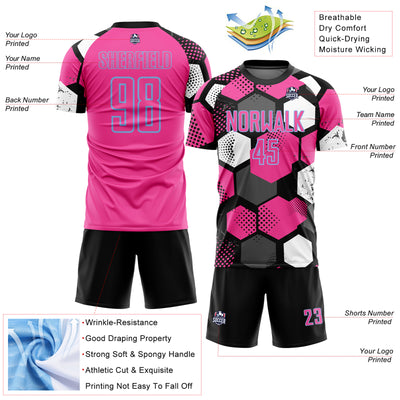 Custom Black Pink Light Blue-White Geometric Shape Sublimation Soccer Uniform Jersey