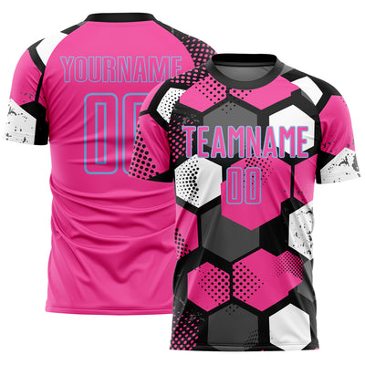Custom Black Pink Light Blue-White Geometric Shape Sublimation Soccer Uniform Jersey