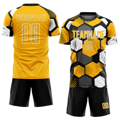 Custom Black Gold-White Geometric Shape Sublimation Soccer Uniform Jersey