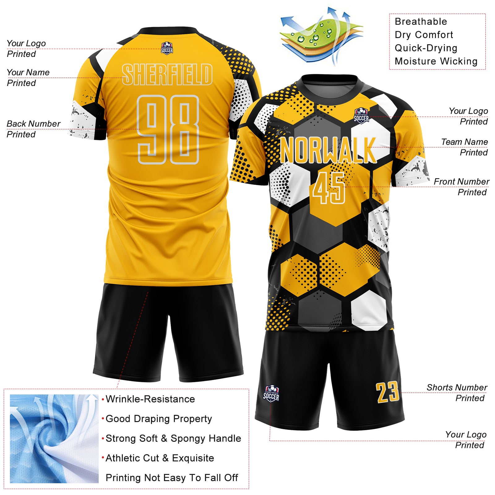 Custom Black Gold-White Geometric Shape Sublimation Soccer Uniform Jersey