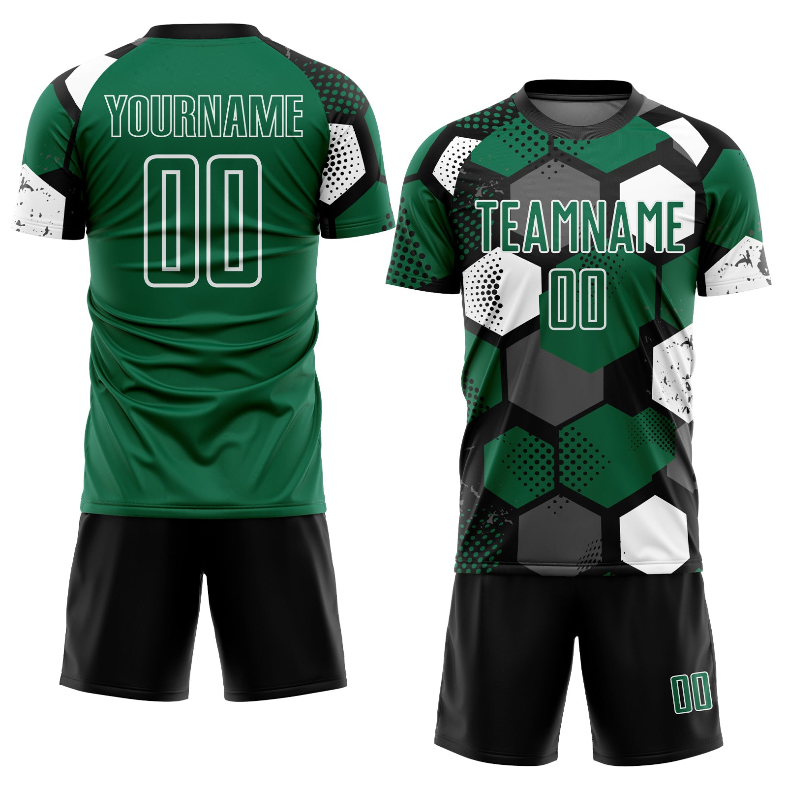 Custom Black Kelly Green-White Geometric Shape Sublimation Soccer Uniform Jersey