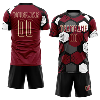 Custom Black Crimson White-Cream Geometric Shape Sublimation Soccer Uniform Jersey