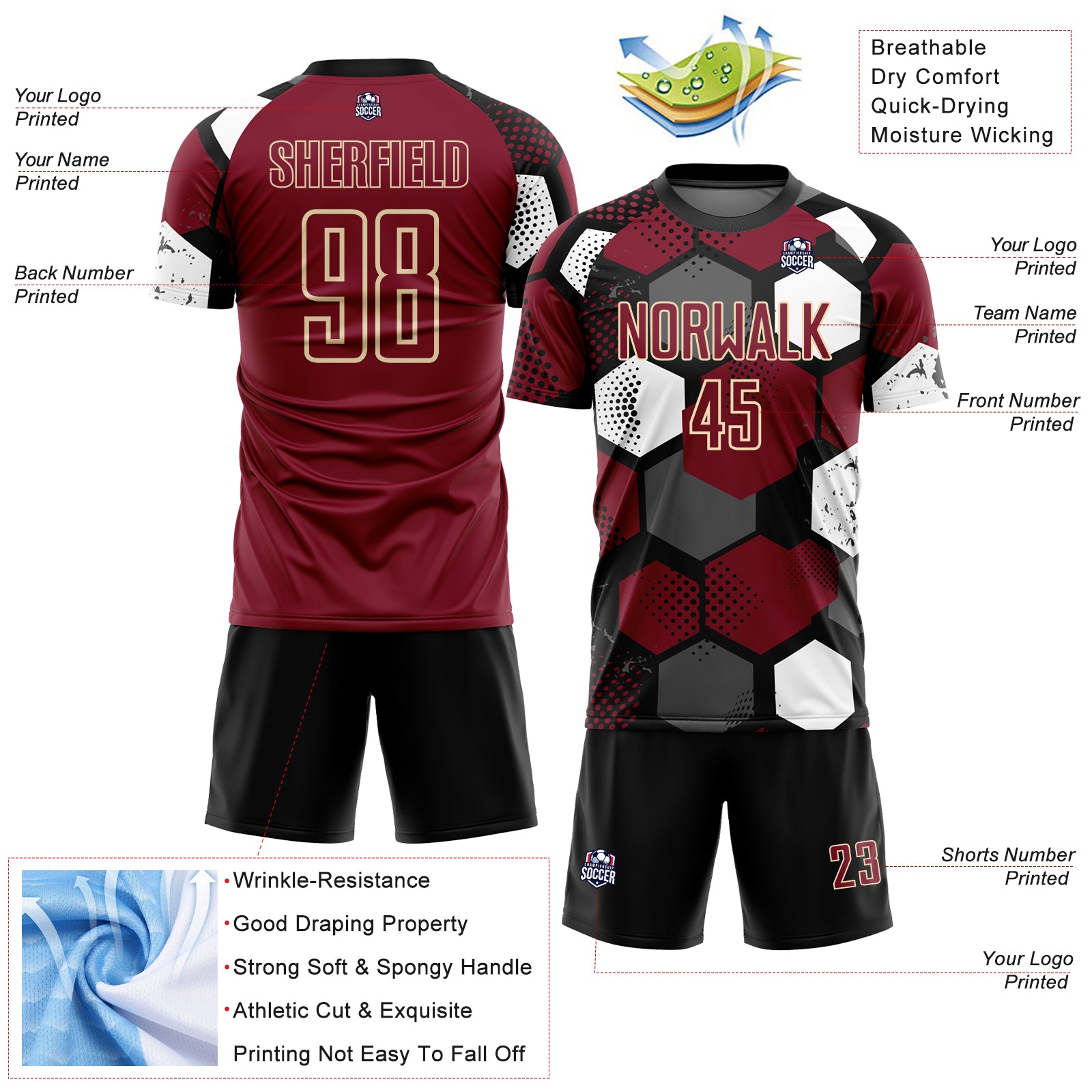 Custom Black Crimson White-Cream Geometric Shape Sublimation Soccer Uniform Jersey