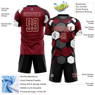 Custom Black Crimson White-Cream Geometric Shape Sublimation Soccer Uniform Jersey