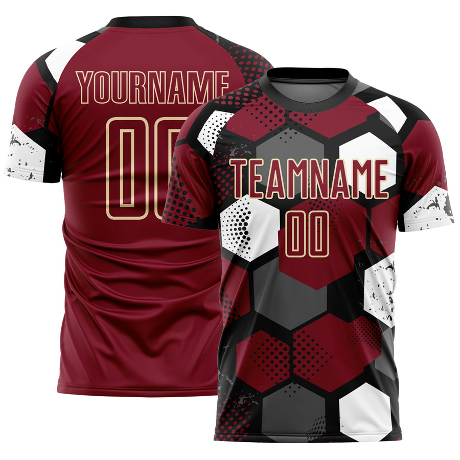 Custom Black Crimson White-Cream Geometric Shape Sublimation Soccer Uniform Jersey
