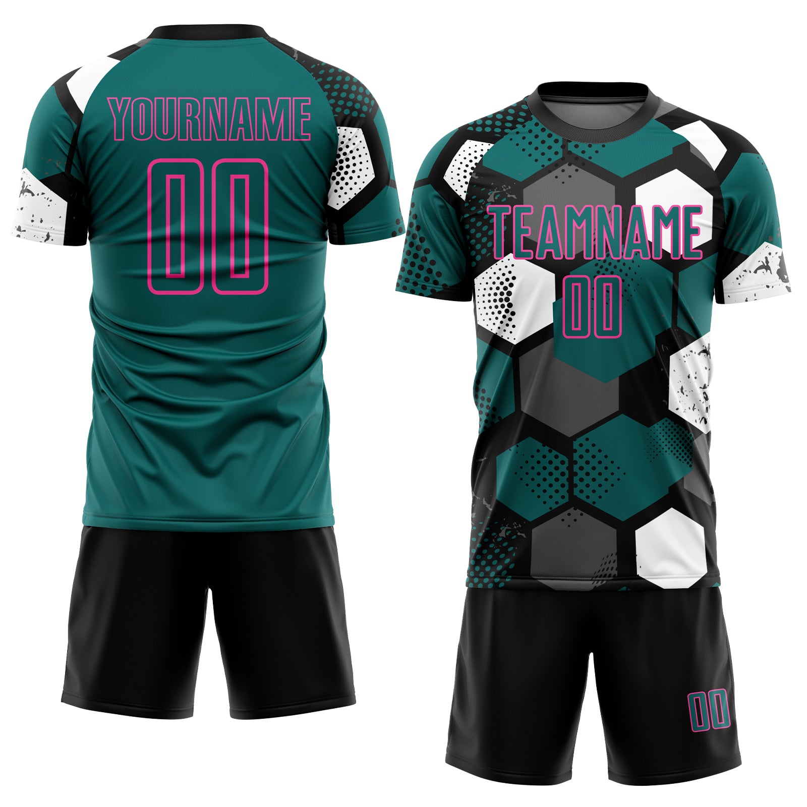 Custom Black Teal White-Pink Geometric Shape Sublimation Soccer Uniform Jersey