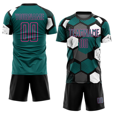 Custom Black Teal White-Pink Geometric Shape Sublimation Soccer Uniform Jersey