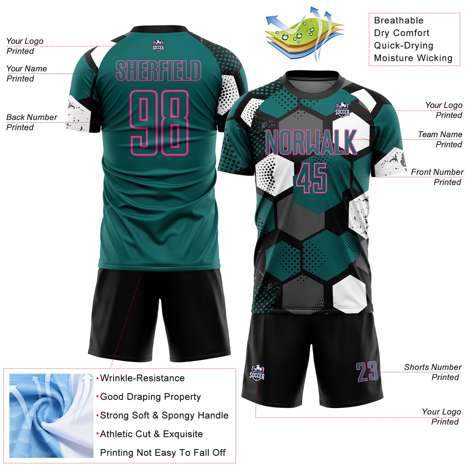 Custom Black Teal White-Pink Geometric Shape Sublimation Soccer Uniform Jersey