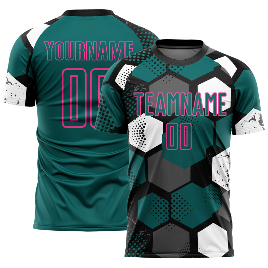 Custom Black Teal White-Pink Geometric Shape Sublimation Soccer Uniform Jersey