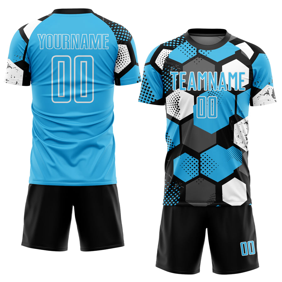 Custom Black Sky Blue-White Geometric Shape Sublimation Soccer Uniform Jersey