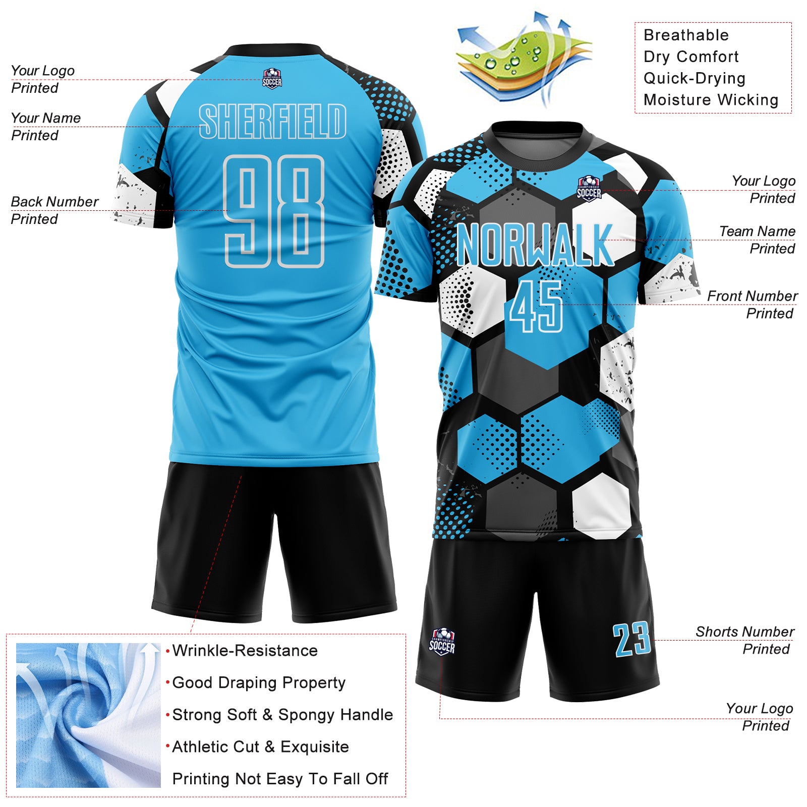 Custom Black Sky Blue-White Geometric Shape Sublimation Soccer Uniform Jersey