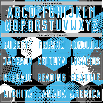 Custom Black Sky Blue-White Geometric Shape Sublimation Soccer Uniform Jersey