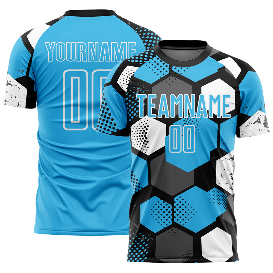 Custom Black Sky Blue-White Geometric Shape Sublimation Soccer Uniform Jersey