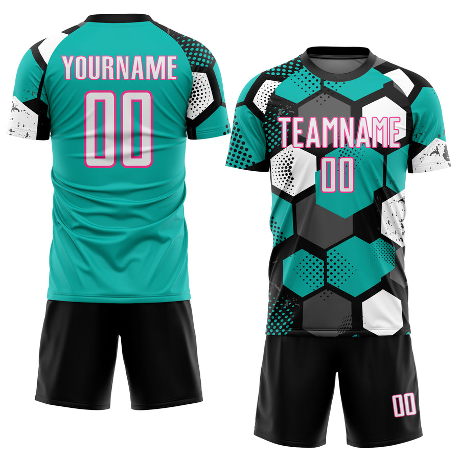 Custom Black White Aqua-Pink Geometric Shape Sublimation Soccer Uniform Jersey