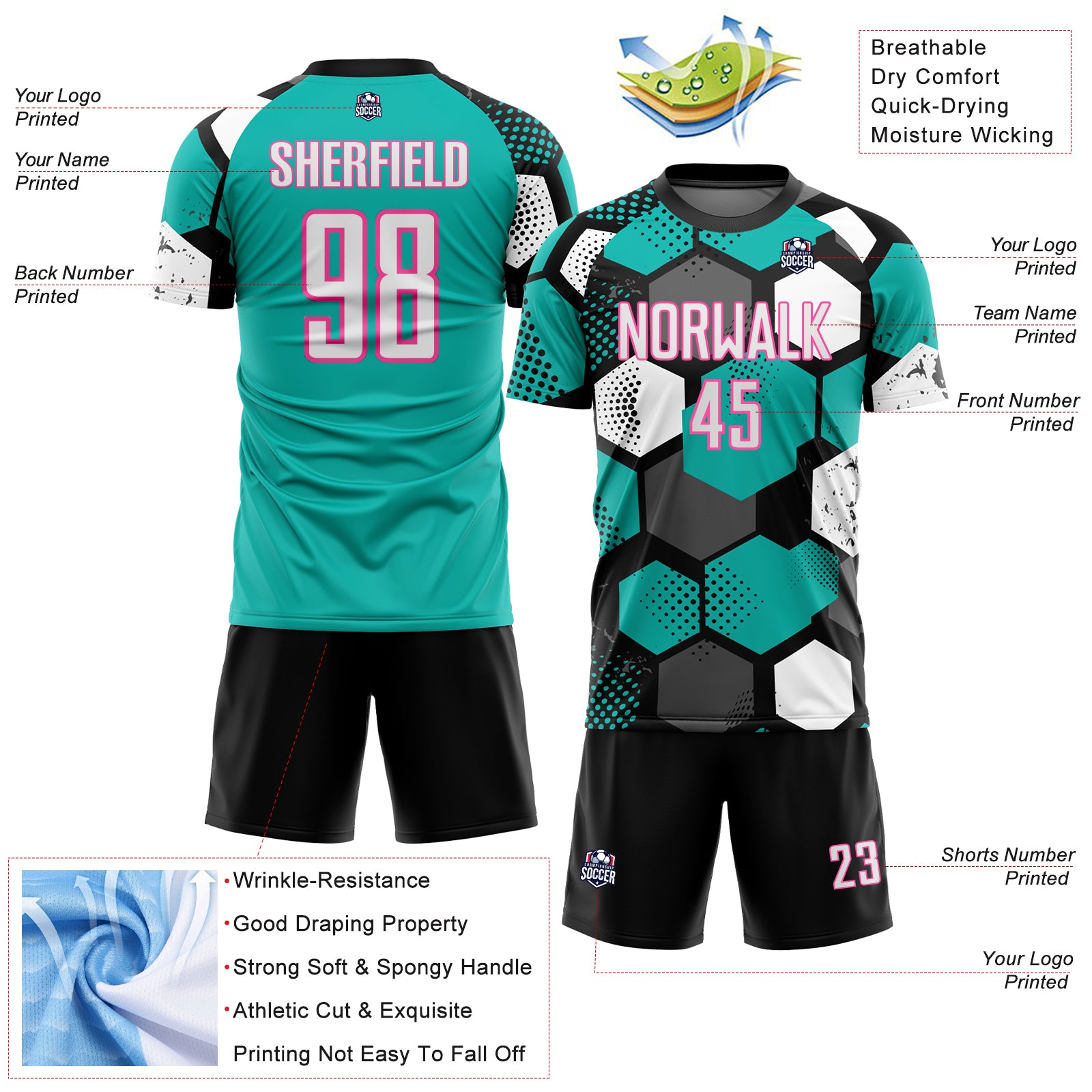 Custom Black White Aqua-Pink Geometric Shape Sublimation Soccer Uniform Jersey