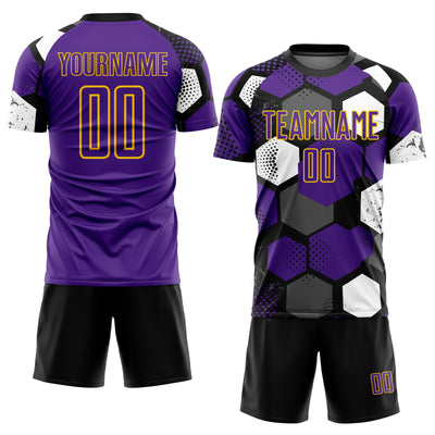 Custom Black Purple White-Yellow Geometric Shape Sublimation Soccer Uniform Jersey