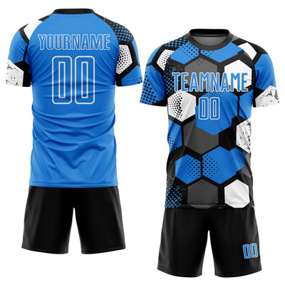 Custom Black Powder Blue-White Geometric Shape Sublimation Soccer Uniform Jersey