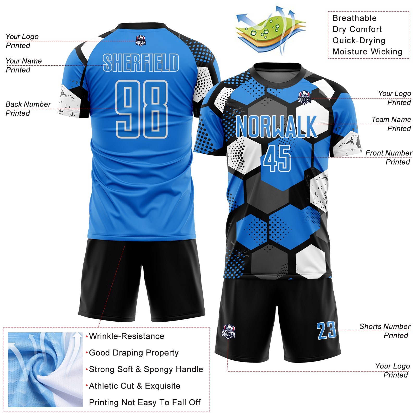 Custom Black Powder Blue-White Geometric Shape Sublimation Soccer Uniform Jersey