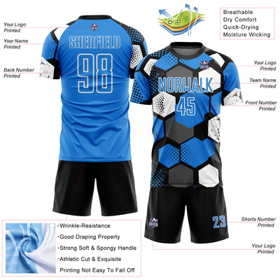 Custom Black Powder Blue-White Geometric Shape Sublimation Soccer Uniform Jersey