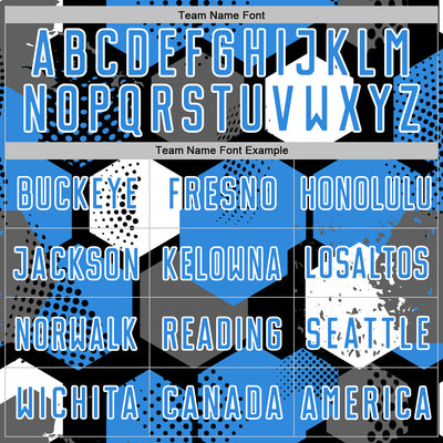 Custom Black Powder Blue-White Geometric Shape Sublimation Soccer Uniform Jersey