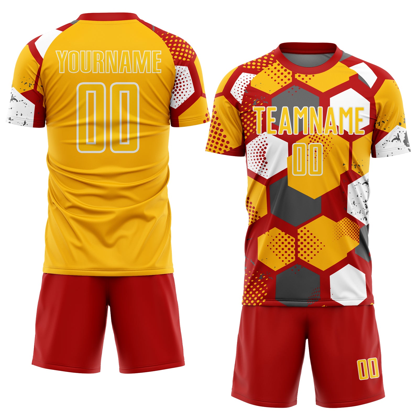 Custom Red Gold-White Geometric Shape Sublimation Soccer Uniform Jersey