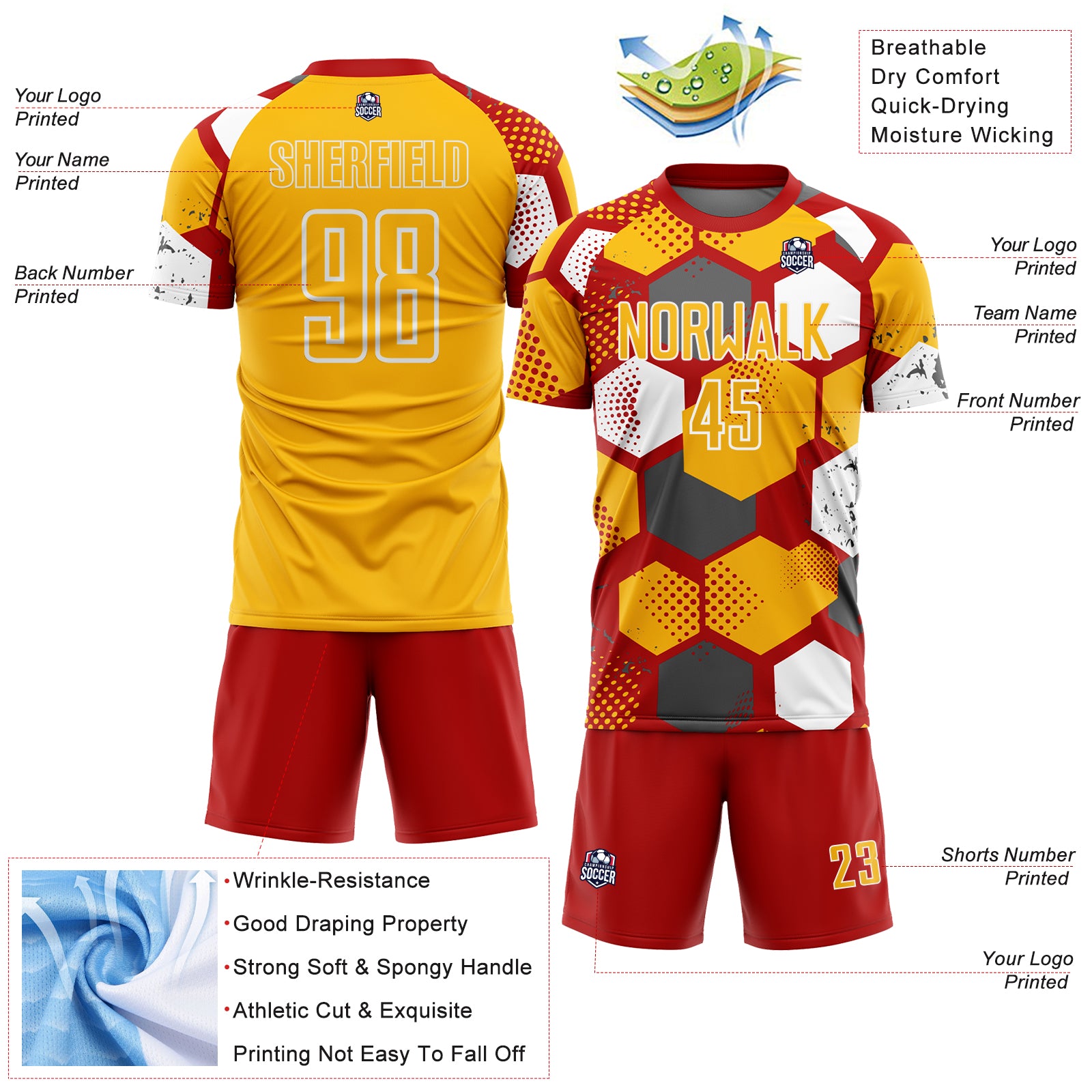 Custom Red Gold-White Geometric Shape Sublimation Soccer Uniform Jersey