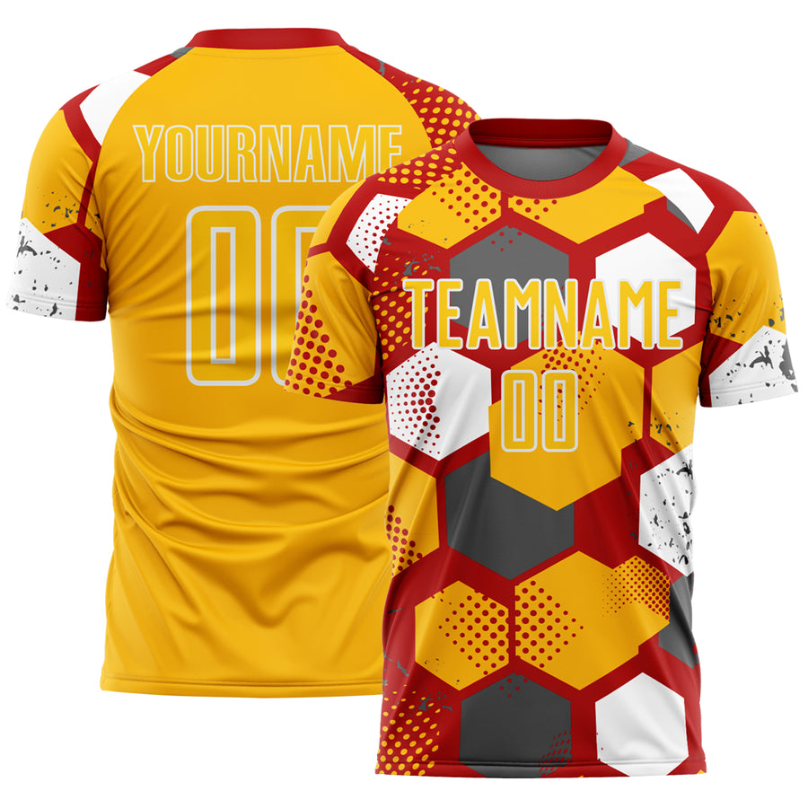 Custom Red Gold-White Geometric Shape Sublimation Soccer Uniform Jersey