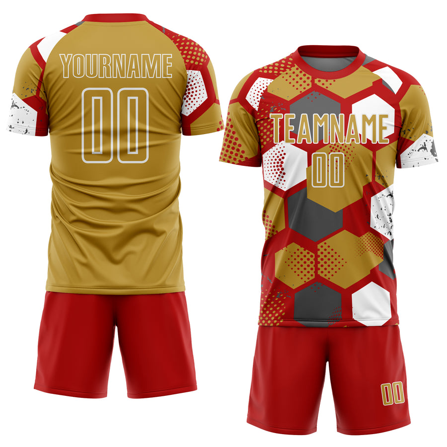Custom Red Old Gold-White Geometric Shape Sublimation Soccer Uniform Jersey