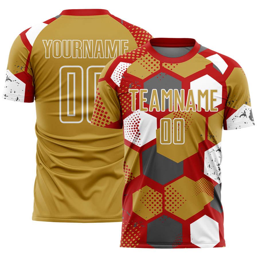 Custom Red Old Gold-White Geometric Shape Sublimation Soccer Uniform Jersey