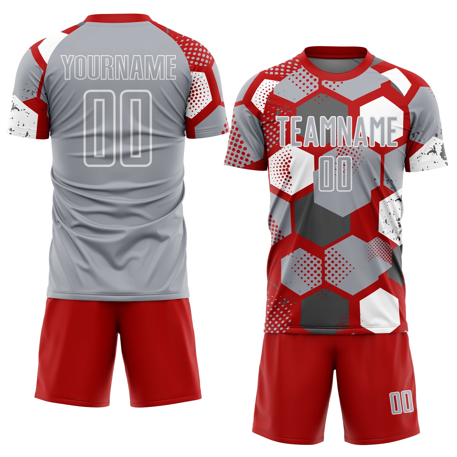 Custom Red Gray-White Geometric Shape Sublimation Soccer Uniform Jersey