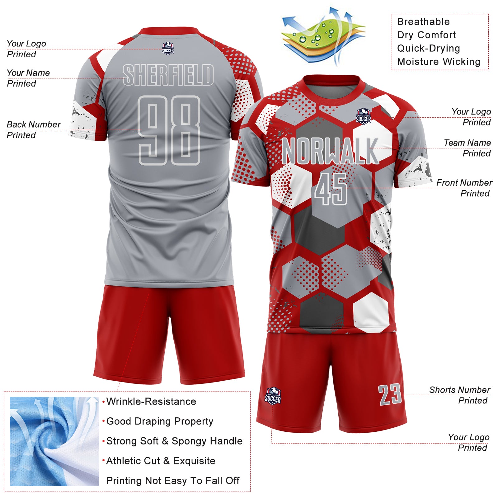 Custom Red Gray-White Geometric Shape Sublimation Soccer Uniform Jersey