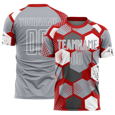 Custom Red Gray-White Geometric Shape Sublimation Soccer Uniform Jersey