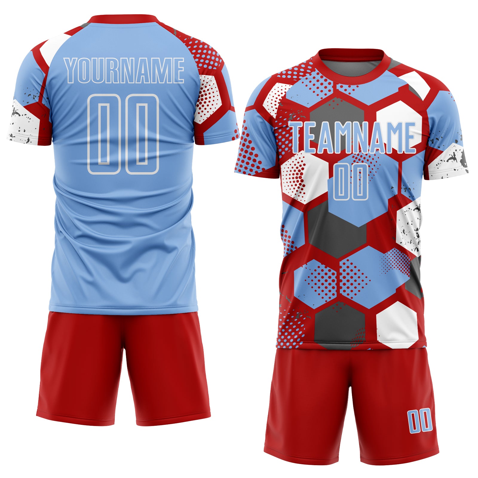 Custom Red Light Blue-White Geometric Shape Sublimation Soccer Uniform Jersey