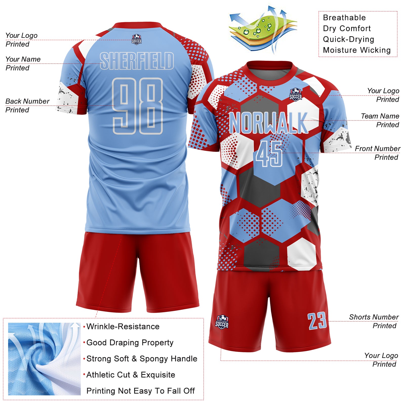 Custom Red Light Blue-White Geometric Shape Sublimation Soccer Uniform Jersey