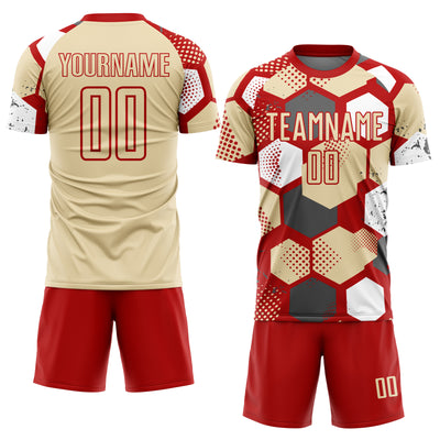 Custom Red Cream-White Geometric Shape Sublimation Soccer Uniform Jersey