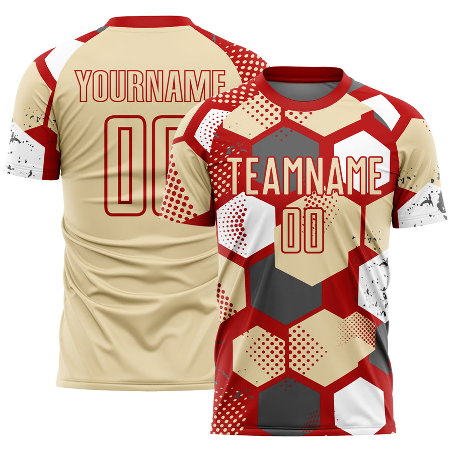 Custom Red Cream-White Geometric Shape Sublimation Soccer Uniform Jersey