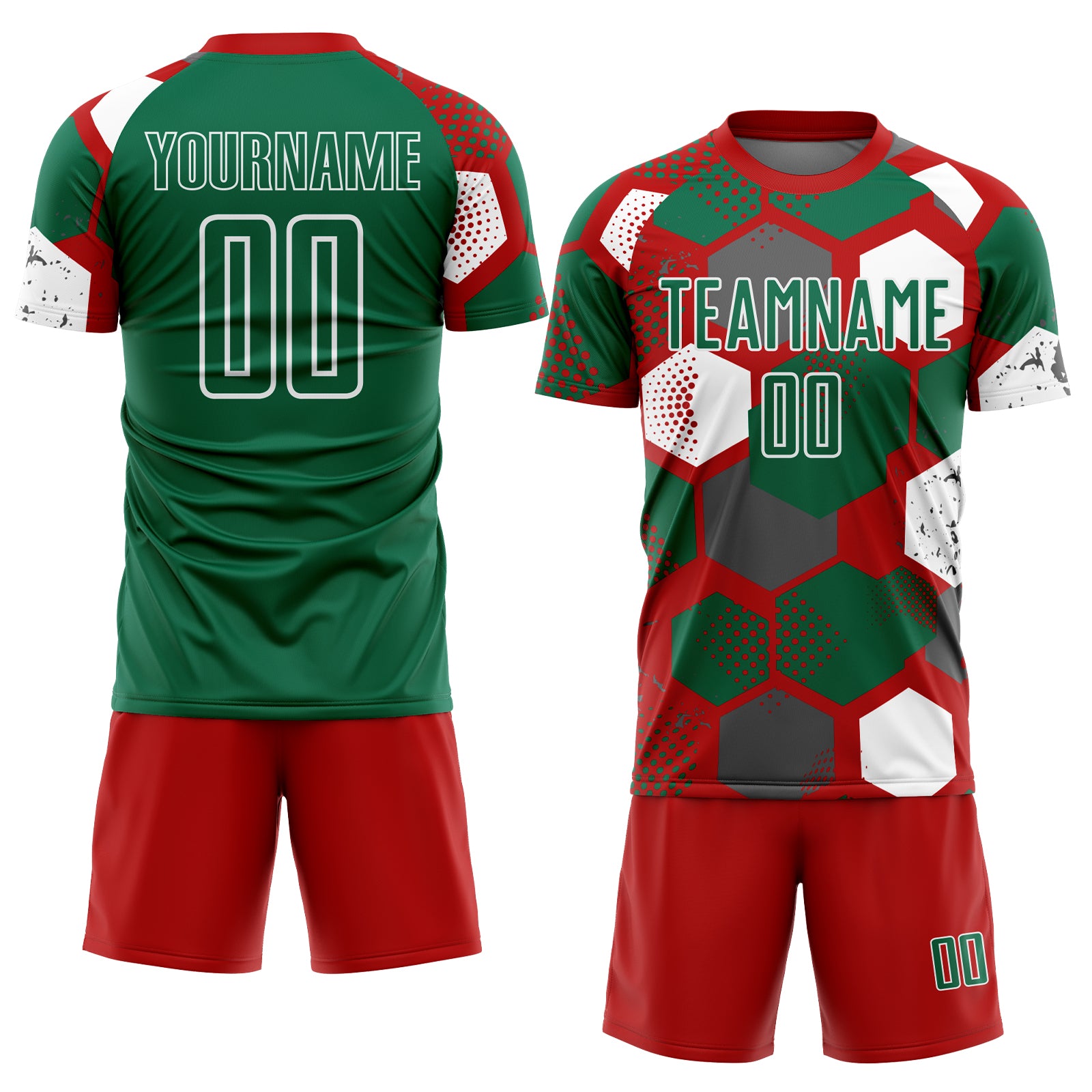 Custom Red Kelly Green-White Geometric Shape Sublimation Soccer Uniform Jersey