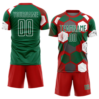 Custom Red Kelly Green-White Geometric Shape Sublimation Soccer Uniform Jersey