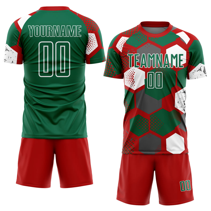 Custom Red Kelly Green-White Geometric Shape Sublimation Soccer Uniform Jersey