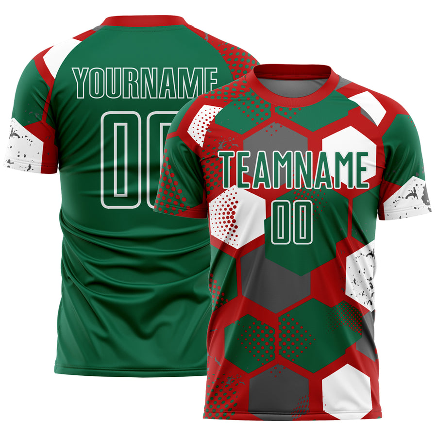 Custom Red Kelly Green-White Geometric Shape Sublimation Soccer Uniform Jersey