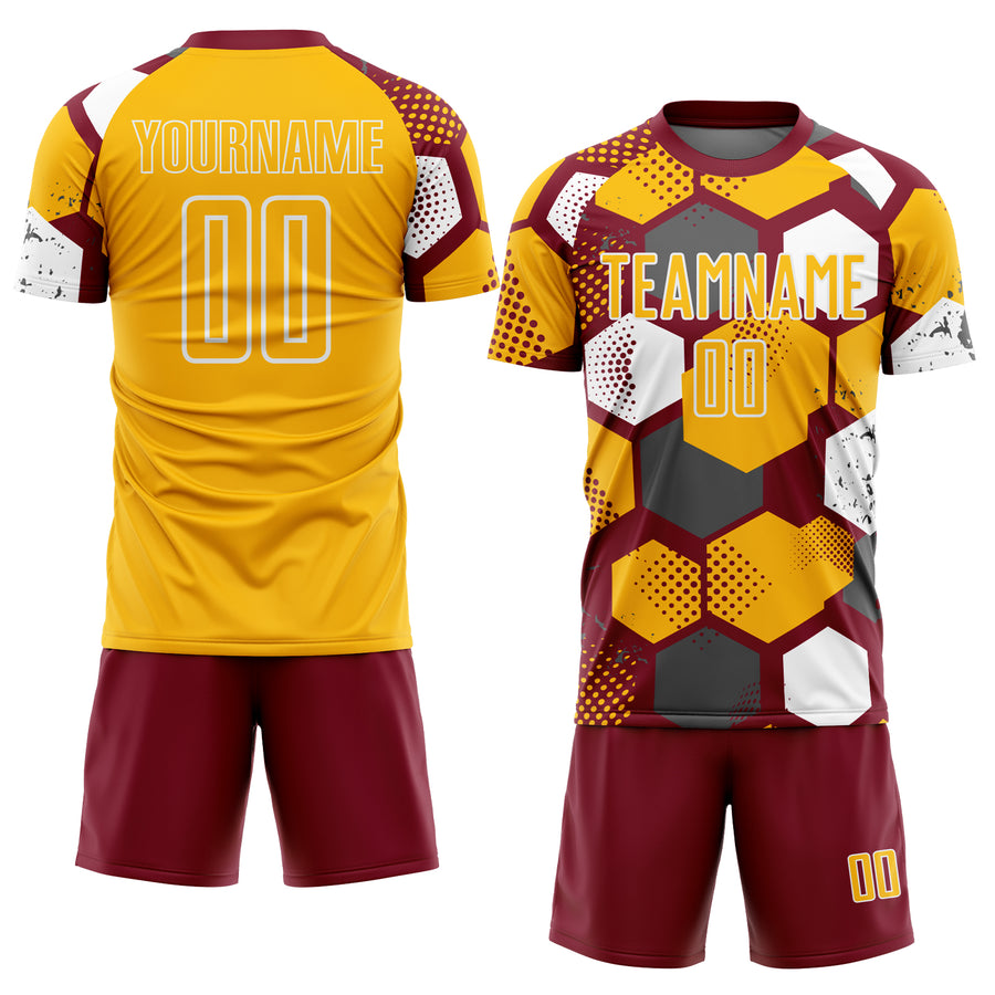Custom Crimson Gold-White Geometric Shape Sublimation Soccer Uniform Jersey