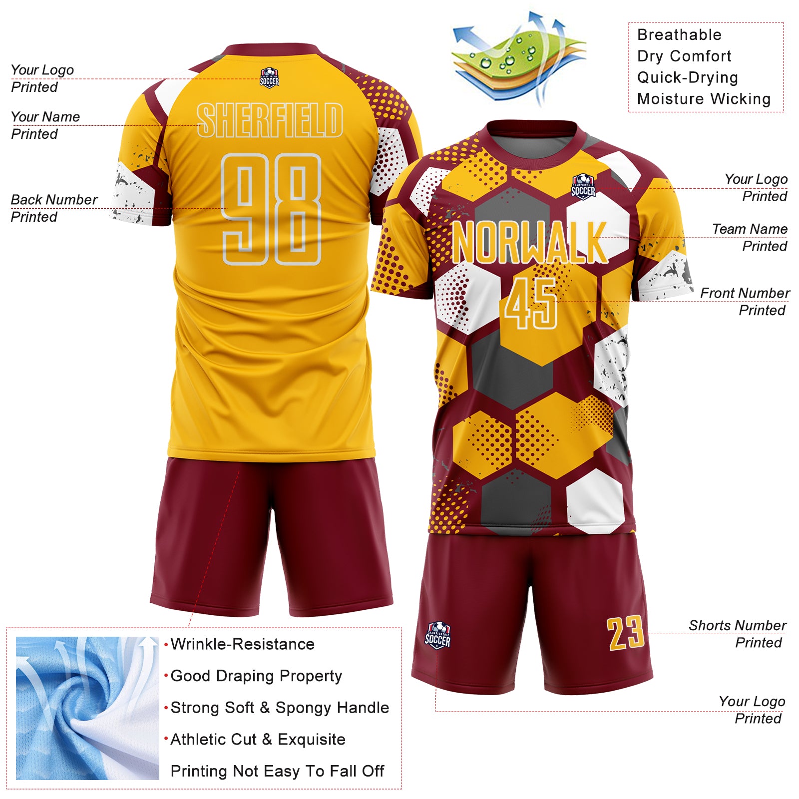 Custom Crimson Gold-White Geometric Shape Sublimation Soccer Uniform Jersey